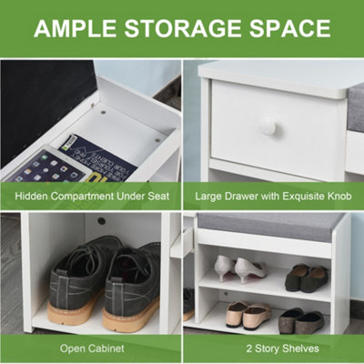 HOMCOM Multi-Storage Shoe Bench Drawer 3 Compartments Cushion Home Boots White