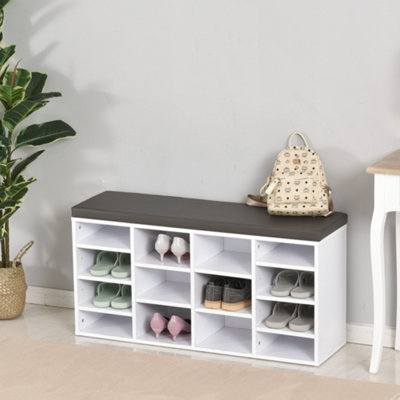 HOMCOM Multi-Storage Shoe Rack 14 Compartments Cushion Moving Shelves Home White