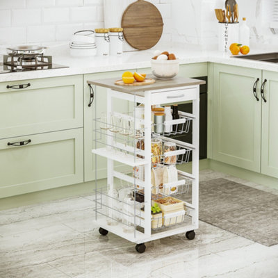 HOMCOM Bar Cart Rolling Kitchen Island On Wheels With 9-Bottle Wine Rack, Small Kitchen Cart Kitchen Storage Cabinets, Wooden Countertop, White