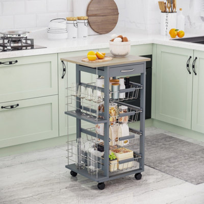 HOMCOM Compact Kitchen Cart, Wooden Rolling Kitchen Storage Cart with Storage, Utility Cart with 4 Wire Baskets Drawer, Gray