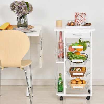 HOMCOM Multi-Use Kitchen Island Trolley Baskets Side Racks Drawer Worktop White