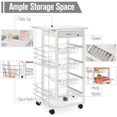 HOMCOM Multi-Use Kitchen Island Trolley Baskets Side Racks Drawer Worktop White