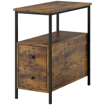 HOMCOM Narrow End Table, Sofa Side Table with 2 Drawers Storage Shelf, Brown