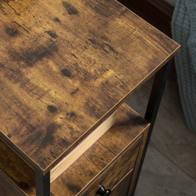 HOMCOM Narrow End Table, Sofa Side Table with 2 Drawers Storage Shelf, Brown