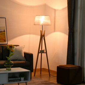 HOMCOM Natural Wood Tripod Floor Lamp Light E27 Base Fabric Shade Storage Shelf Foot Switch, 156cm, Grey
