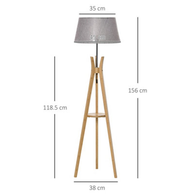 HOMCOM Natural Wood Tripod Floor Lamp Light E27 Base Fabric Shade Storage Shelf Foot Switch, 156cm, Grey