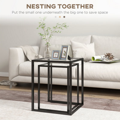 HOMCOM Nesting Tables Set of 2, End Table with Tempered Glass Top, Black