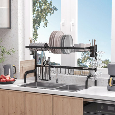 HOMCOM Over The Sink Dish Drainer Rack, 2 Tier Dish Rack for Kitchen, Black