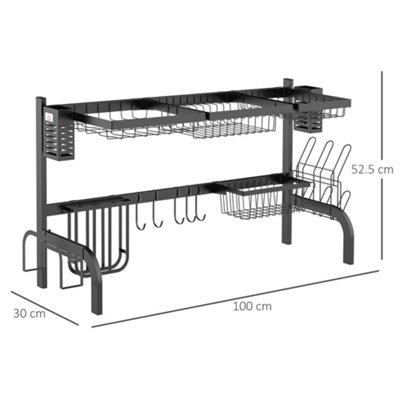 HOMCOM Over The Sink Dish Drainer Rack, 2 Tier Dish Rack for Kitchen, Black