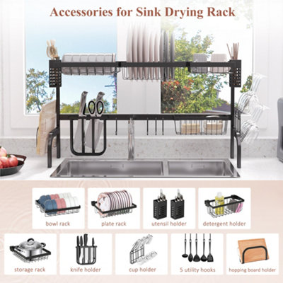 HOMCOM Over The Sink Dish Drainer Rack, 2 Tier Dish Rack for Kitchen, Black