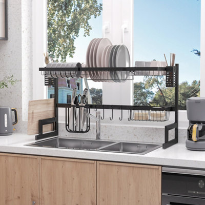 HOMCOM Over The Sink Dish Drainer Rack, 2-Tier Dish Rack for Kitchen, Black