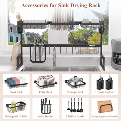 HOMCOM Over The Sink Dish Drainer Rack, 2-Tier Dish Rack for Kitchen, Black