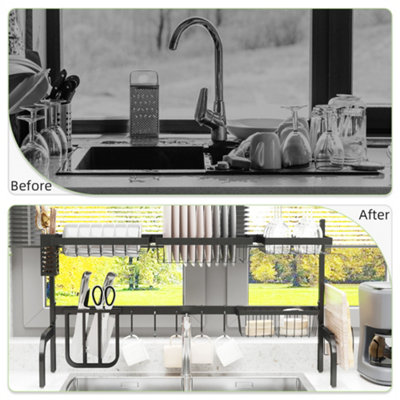 HOMCOM Over The Sink Dish Drying Rack, 2 Tier Adjustable Dish Drainer Black