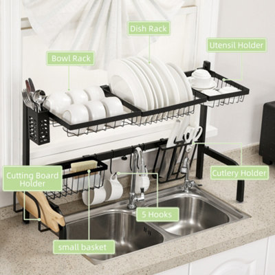 HOMCOM Over The Sink Dish Drying Rack, 2 Tier Adjustable Dish Drainer Black