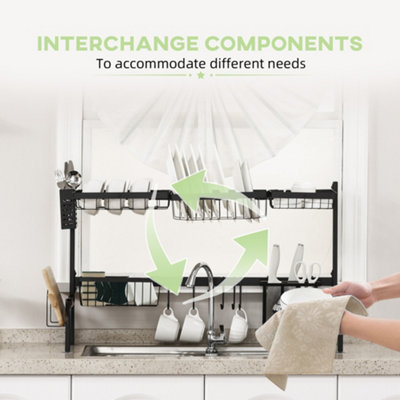 HOMCOM Over The Sink Dish Drying Rack, 2 Tier Adjustable Dish Drainer Black