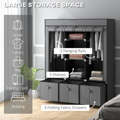 HOMCOM Portable Wardrobe w/ 5 Shelves 3 Fabric Drawers and 2 Hanging ...