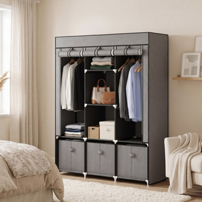HOMCOM Portable Wardrobe w/ 5 Shelves 3 Fabric Drawers and 2 Hanging ...