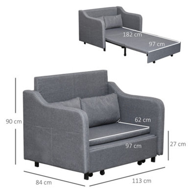 HOMCOM Pull Out Sofa Bed, Fabric 2 Seater Sofa Couch with Pillows, Grey