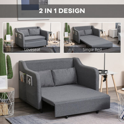 HOMCOM Pull Out Sofa Bed, Fabric 2 Seater Sofa Couch with Pillows, Grey