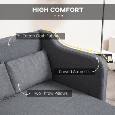 HOMCOM Pull Out Sofa Bed, Fabric 2 Seater Sofa Couch with Pillows, Grey