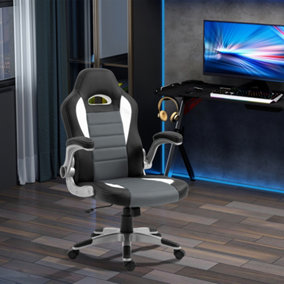 HOMCOM Racing Office Chair PU Leather Computer Desk Gaming Style with Wheels, Flip-Up Armrest, Grey