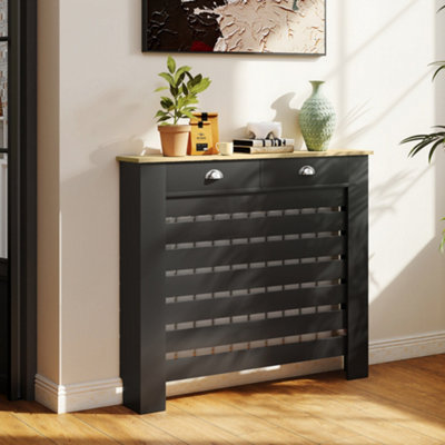 HOMCOM Radiator Cover with Drawer, Horizontal Slat, 111cm, Black