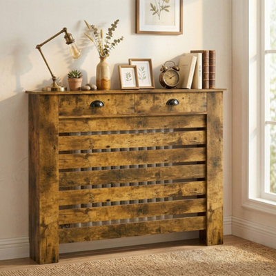 HOMCOM Radiator Cover with Drawer, Horizontal Slat, 111cm, Rustic Brown
