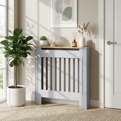HOMCOM Radiator Cover Wooden Cabinet Vertical Slatted Vent MDF Grey Home