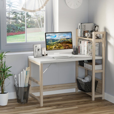 HOMCOM Rectangle Desk with Book Shelf Display Table Home Office, White