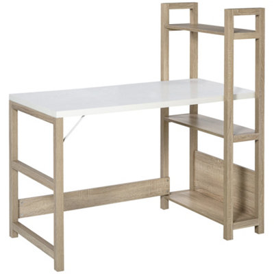 White desk deals with open shelves