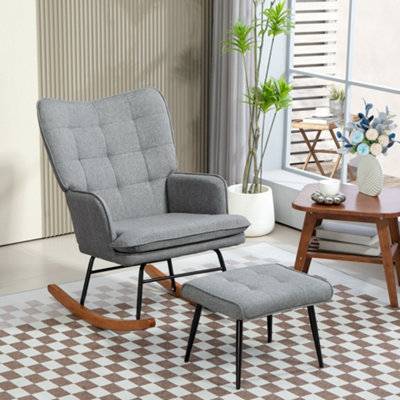 HOMCOM Rocking Chair with Footstool Fabric Wingback Chair for Bedroom Grey