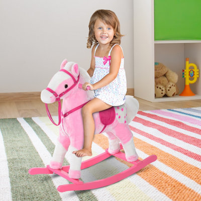 HOMCOM Rocking Horse Toy Plush Wood Pony Riding Rocker Neigh Sound Pink