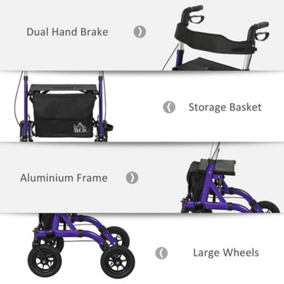 HOMCOM Rollator Walker with Seat, Backrest, Bag, All-terrain Wheels