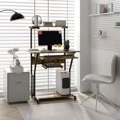 HOMCOM Rolling Computer Desk with Keyboard Tray Storage Shelves Rustic ...