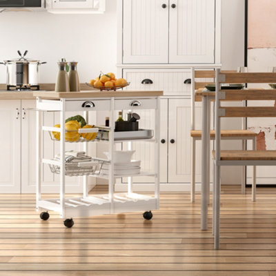 HOMCOM White Wooden Rolling Kitchen Storage Cart with Storage Space