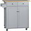 HOMCOM Rolling Kitchen Island, Utility Serving Cart with Rubber Wood Top Grey