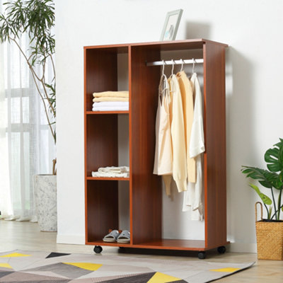 HOMCOM Rolling Open Wardrobe Hanging Rail Storage Shelves for Clothes, Walnut
