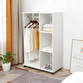HOMCOM Rolling Open Wardrobe Hanging Rail Storage Shelves for Clothes, White