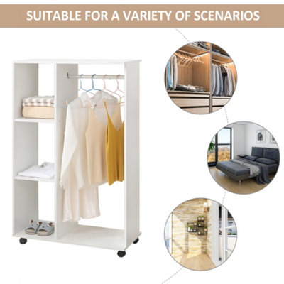 HOMCOM Rolling Open Wardrobe Hanging Rail Storage Shelves for Clothes ...