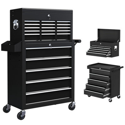 HOMCOM Rolling Tool Chest Lockable Roller Cabinet with with 14 Drawers Black