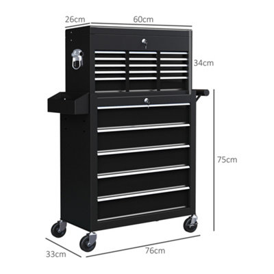 HOMCOM Rolling Tool Chest Lockable Roller Cabinet with with 14 Drawers Black