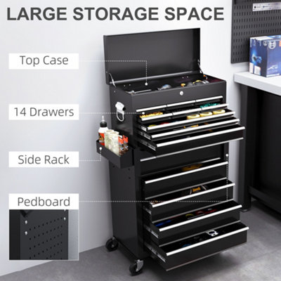 HOMCOM Rolling Tool Chest Lockable Roller Cabinet with with 14 Drawers Black