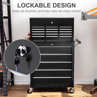 HOMCOM Rolling Tool Chest Lockable Roller Cabinet with with 14 Drawers Black