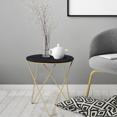 HOMCOM Round Coffee Table Sofa End Side Wood Metal Bedside Table  - Black Gold