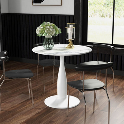 HOMCOM Round Dining Table with Steel Base for Living Room, Marble White