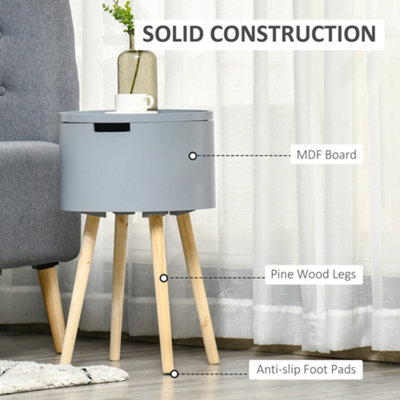 HOMCOM Round Side Table Nightstand w/ Hidden Storage Space Removable Lid, Grey