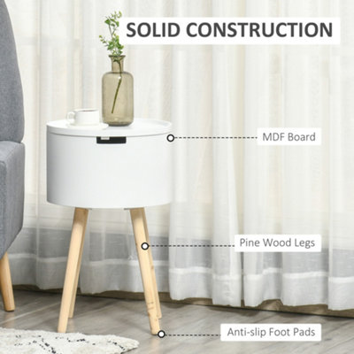 HOMCOM Round Side Table Nightstand w/ Hidden Storage Space Removable Lid, White
