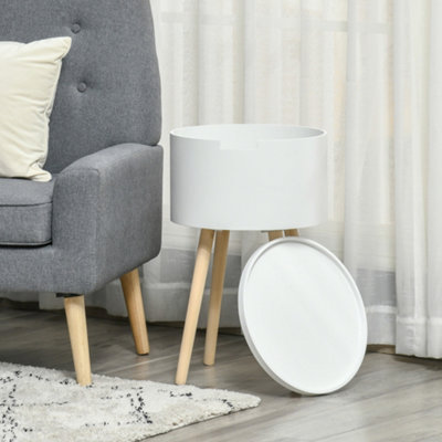 HOMCOM Round Side Table Nightstand w/ Hidden Storage Space Removable Lid, White