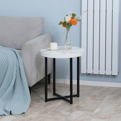 HOMCOM Round Side Table with Metal Legs, Modern End Table for Living Room White