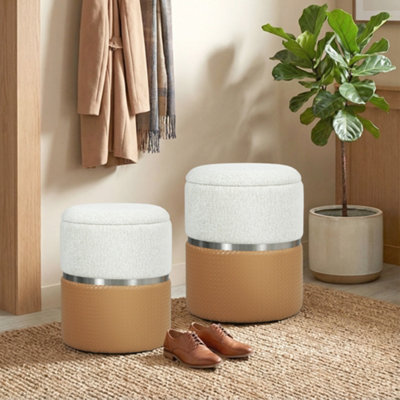 HOMCOM Round Storage Ottoman Set of 2, Nesting Footrest Stool, Cream ...